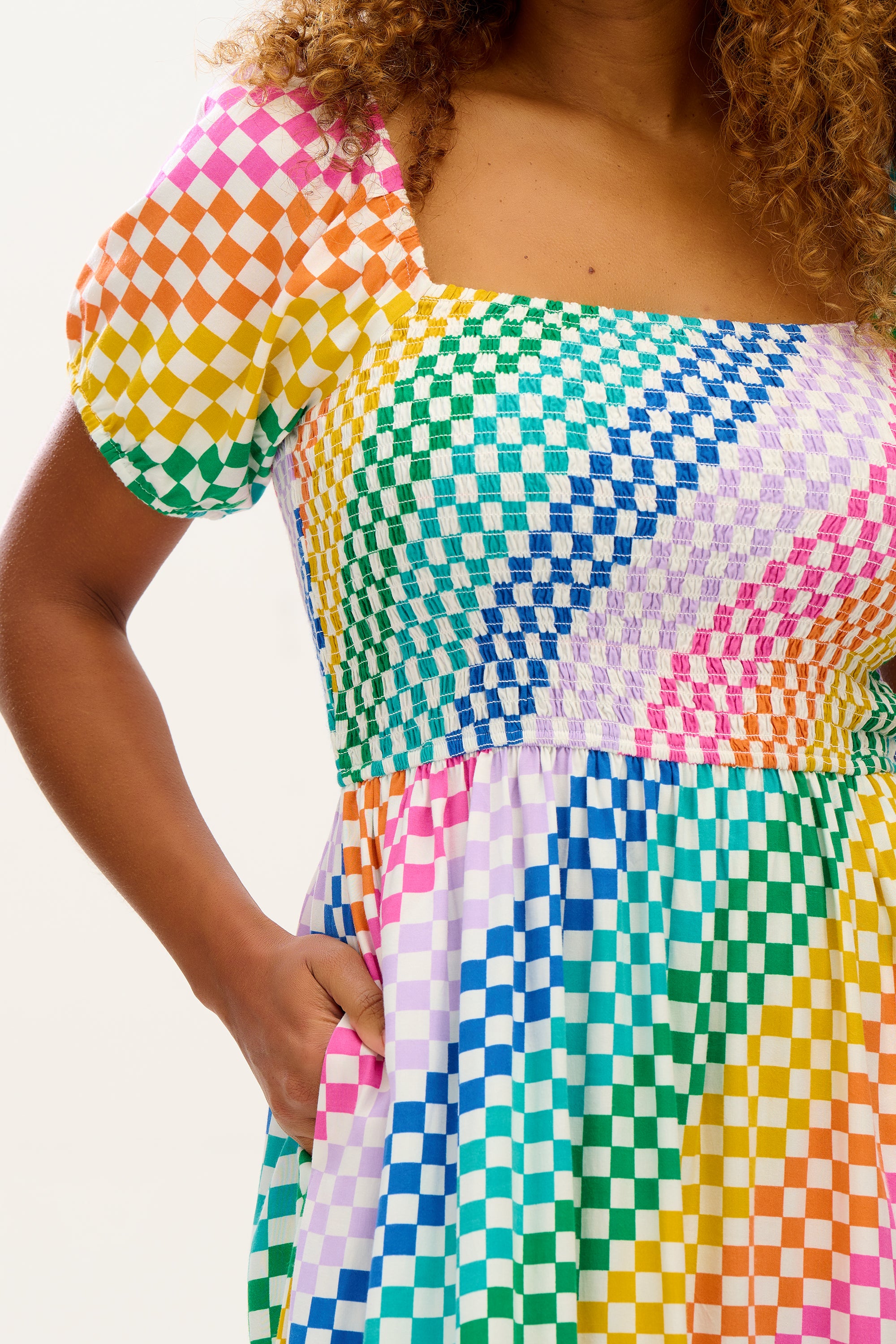 Jolene Midi Shirred Dress - Multi, Rainbow Checkerboard