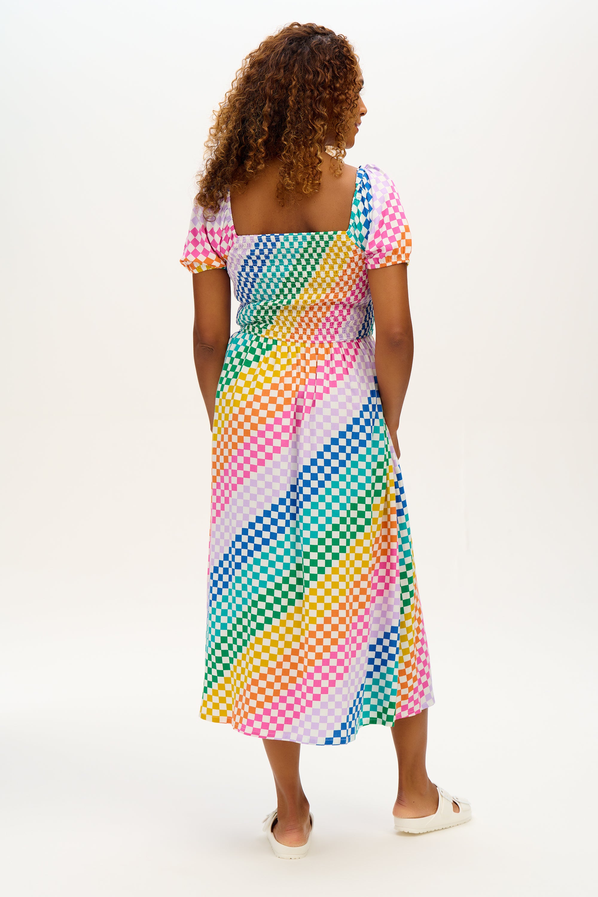 Jolene Midi Shirred Dress - Multi, Rainbow Checkerboard